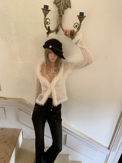 Fluffy Sequin Knit Paneled V-Neck Cardigan【s0000015496】