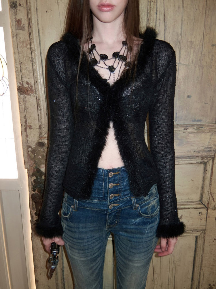 Fluffy Sequin Knit Paneled V-Neck Cardigan【s0000015496】