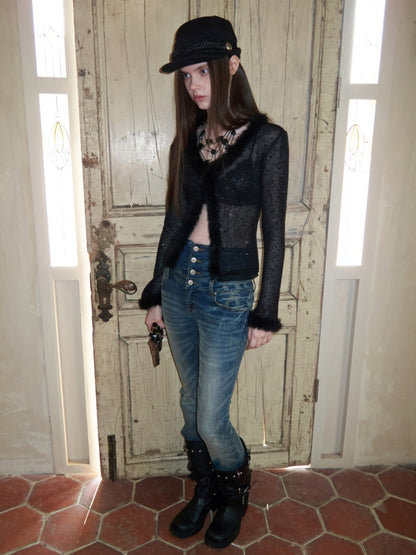 Fluffy Sequin Knit Paneled V-Neck Cardigan【s0000015496】