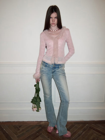 Fluffy Sequin Knit Paneled V-Neck Cardigan【s0000015496】