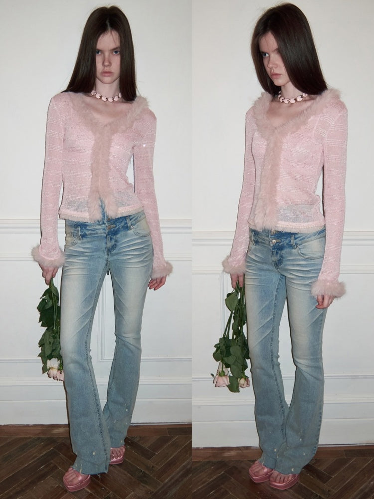 Fluffy Sequin Knit Paneled V-Neck Cardigan【s0000015496】