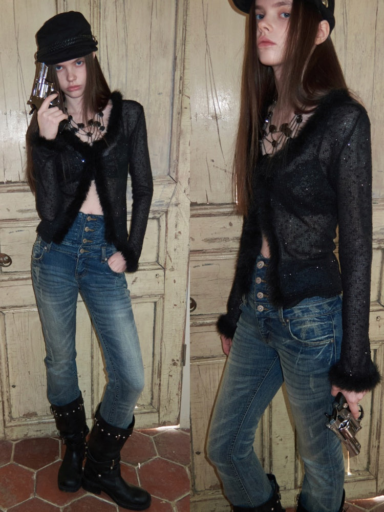 Fluffy Sequin Knit Paneled V-Neck Cardigan【s0000015496】