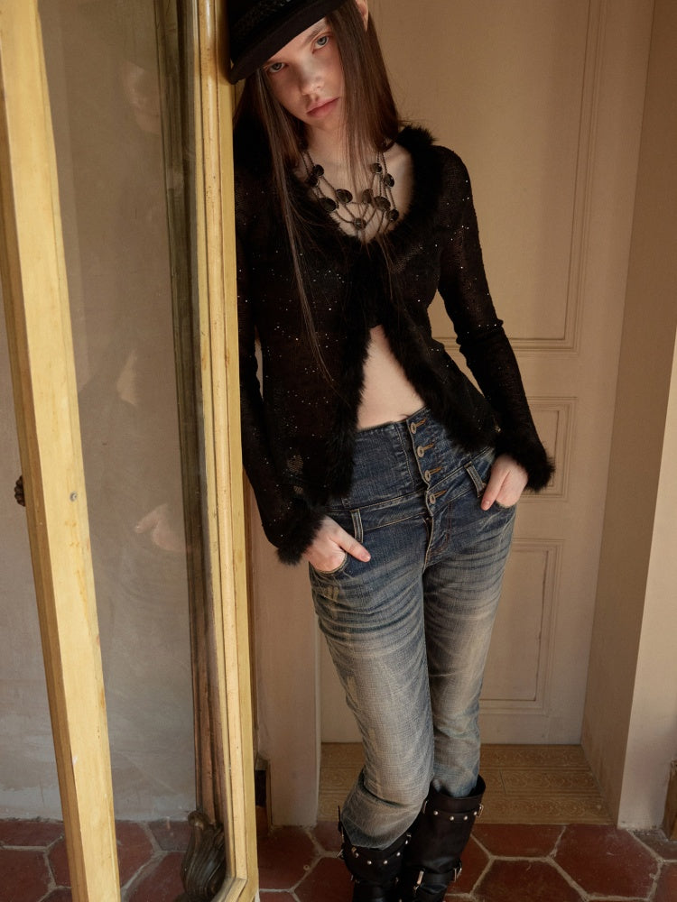 Fluffy Sequin Knit Paneled V-Neck Cardigan【s0000015496】