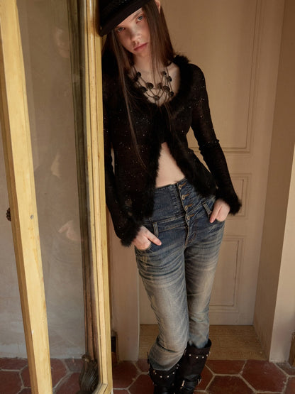 Fluffy Sequin Knit Paneled V-Neck Cardigan【s0000015496】
