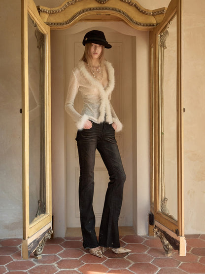 Fluffy Sequin Knit Paneled V-Neck Cardigan【s0000015496】