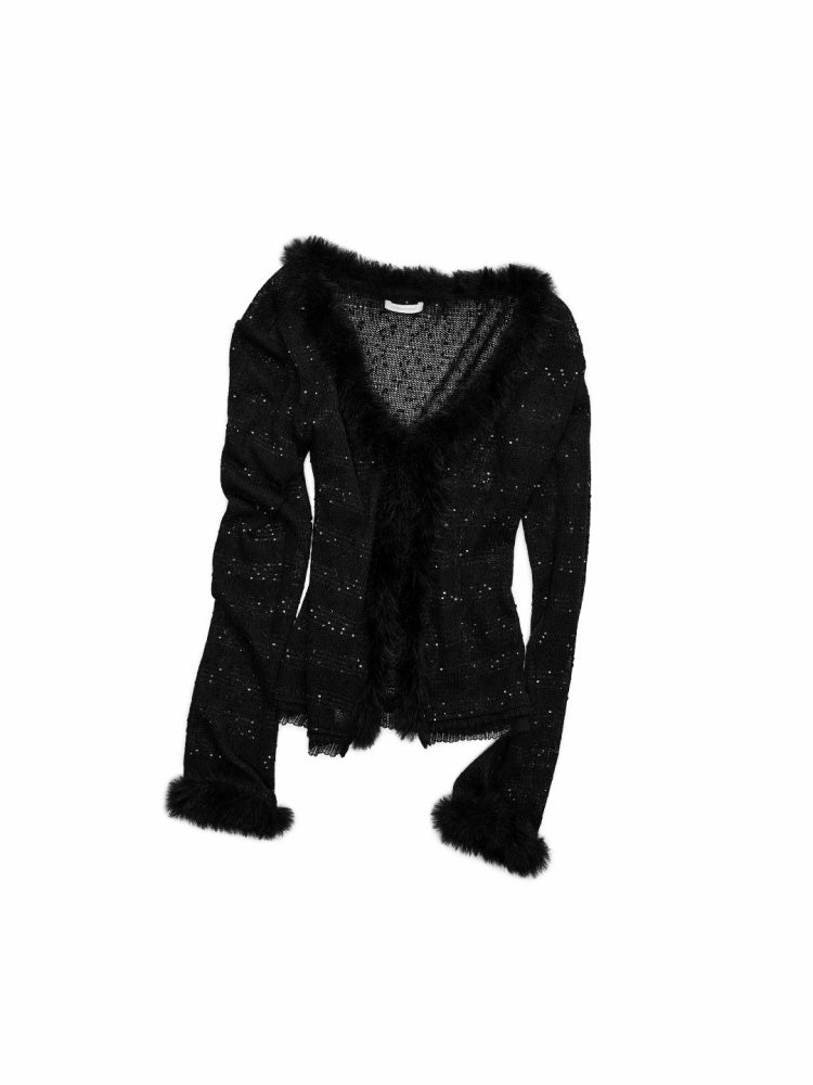Fluffy Sequin Knit Paneled V-Neck Cardigan【s0000015496】