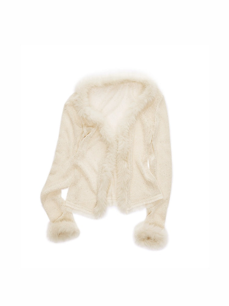 Fluffy Sequin Knit Paneled V-Neck Cardigan【s0000015496】