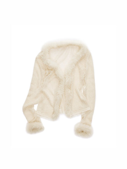 Fluffy Sequin Knit Paneled V-Neck Cardigan【s0000015496】
