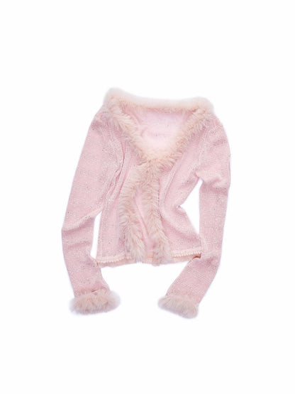 Fluffy Sequin Knit Paneled V-Neck Cardigan【s0000015496】