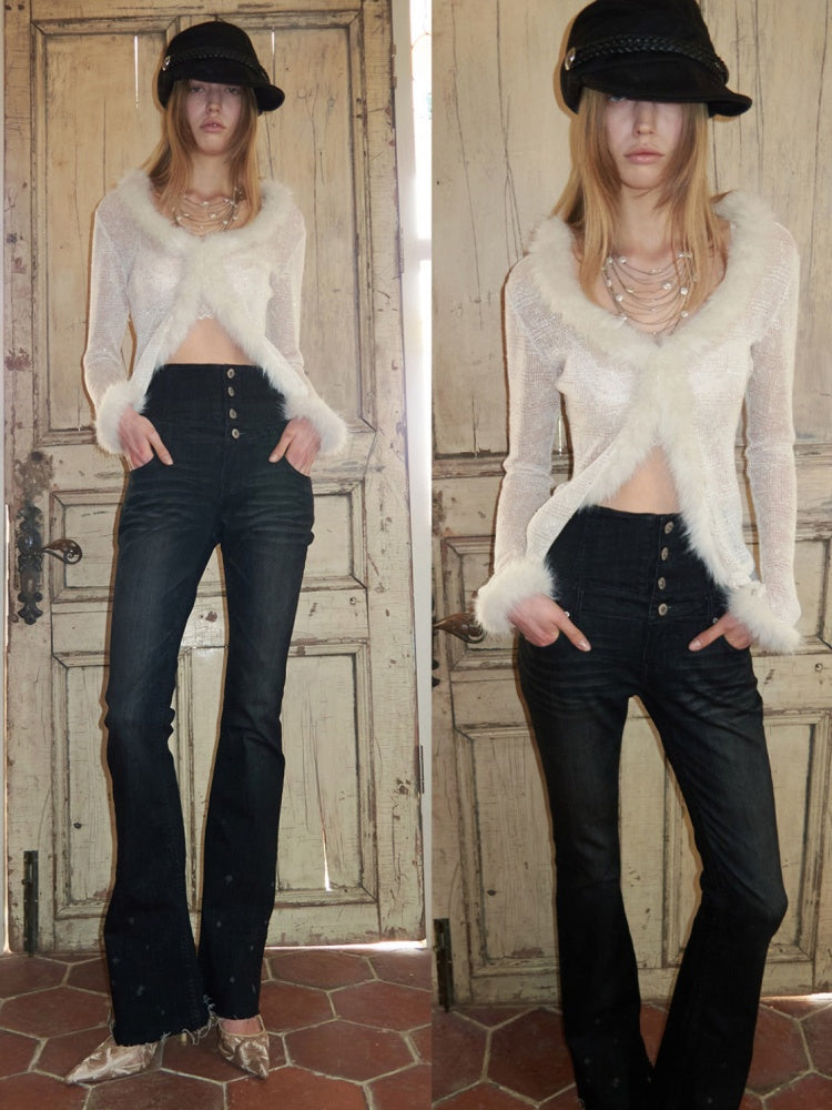 Fluffy Sequin Knit Paneled V-Neck Cardigan【s0000015496】