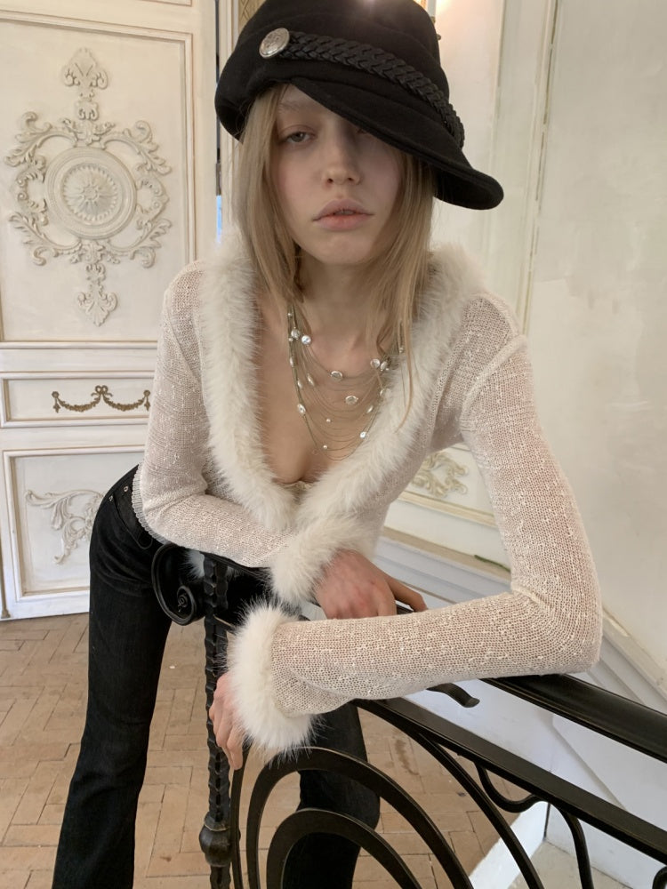 Fluffy Sequin Knit Paneled V-Neck Cardigan【s0000015496】