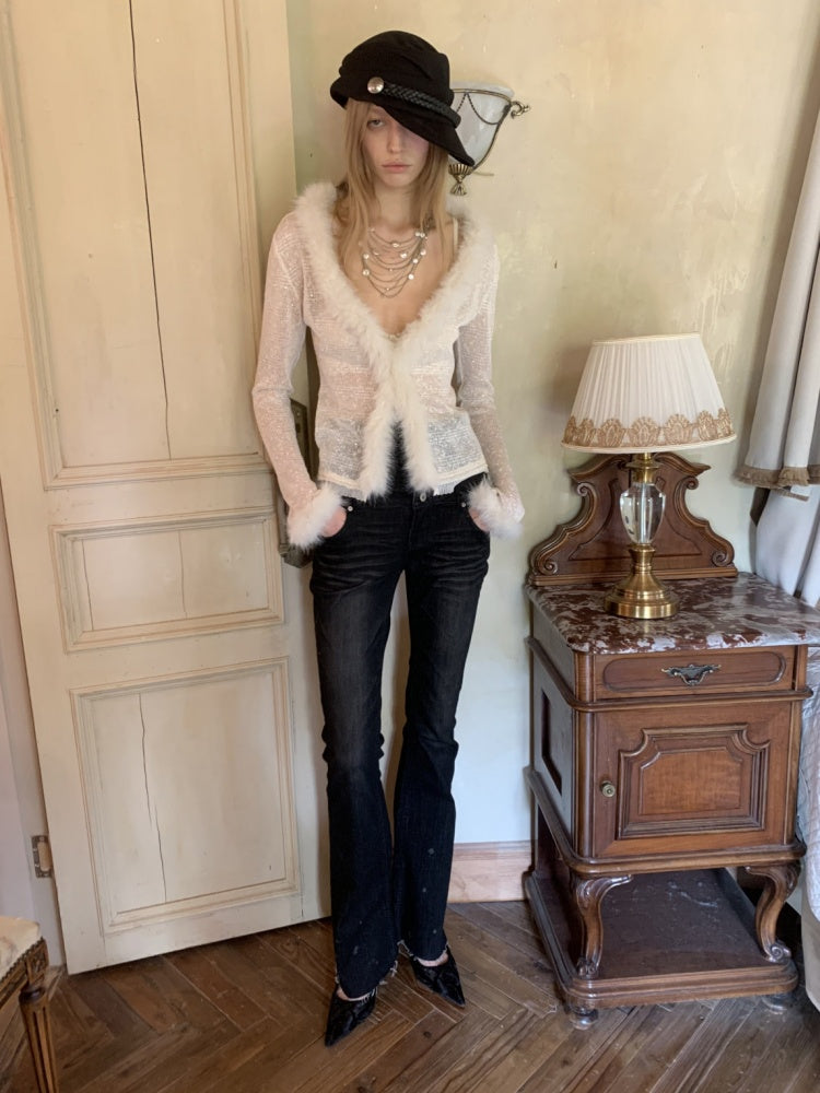 Fluffy Sequin Knit Paneled V-Neck Cardigan【s0000015496】