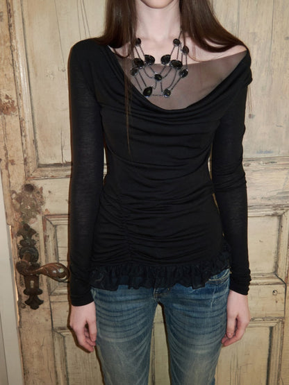 Swing Collar Mesh Double Patchwork Side Pleated Lace Slim Top【s0000015497】