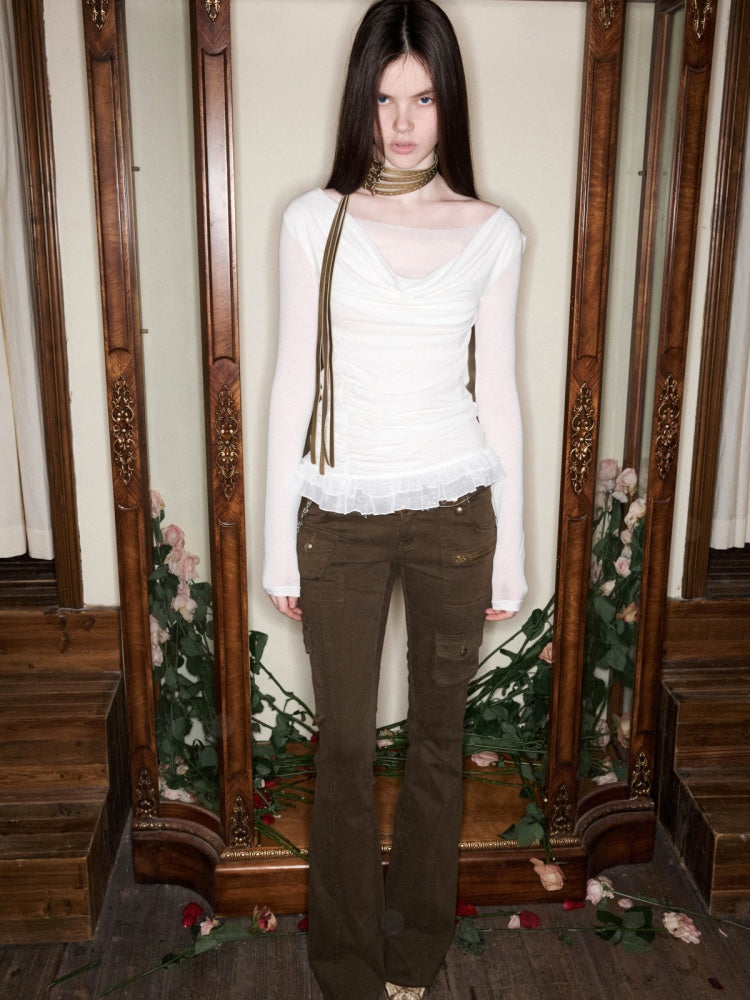 Swing Collar Mesh Double Patchwork Side Pleated Lace Slim Top【s0000015497】