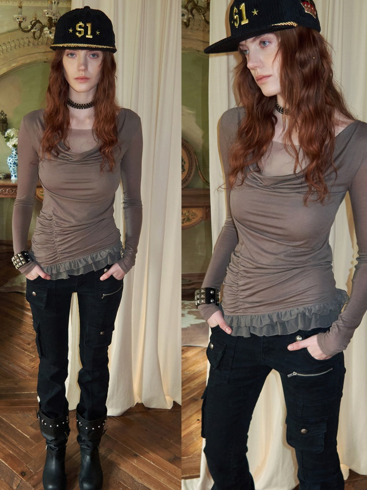 Swing Collar Mesh Double Patchwork Side Pleated Lace Slim Top【s0000015497】