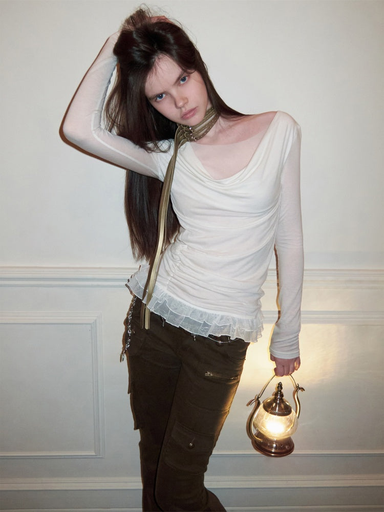 Swing Collar Mesh Double Patchwork Side Pleated Lace Slim Top【s0000015497】