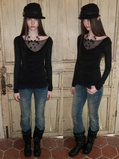 Swing Collar Mesh Double Patchwork Side Pleated Lace Slim Top【s0000015497】