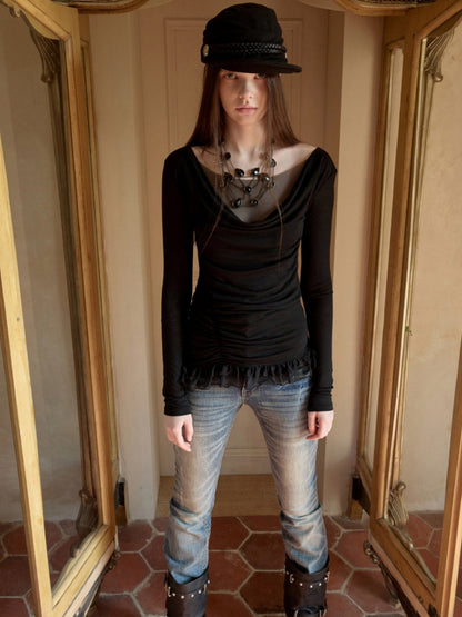 Swing Collar Mesh Double Patchwork Side Pleated Lace Slim Top【s0000015497】