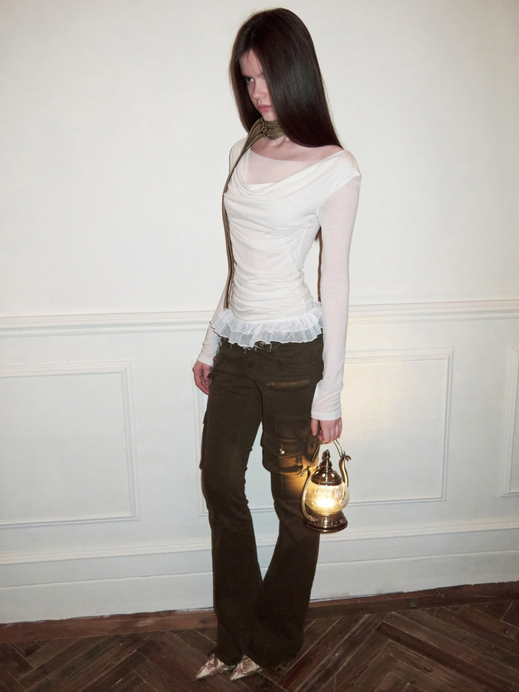 Swing Collar Mesh Double Patchwork Side Pleated Lace Slim Top【s0000015497】