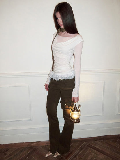 Swing Collar Mesh Double Patchwork Side Pleated Lace Slim Top【s0000015497】