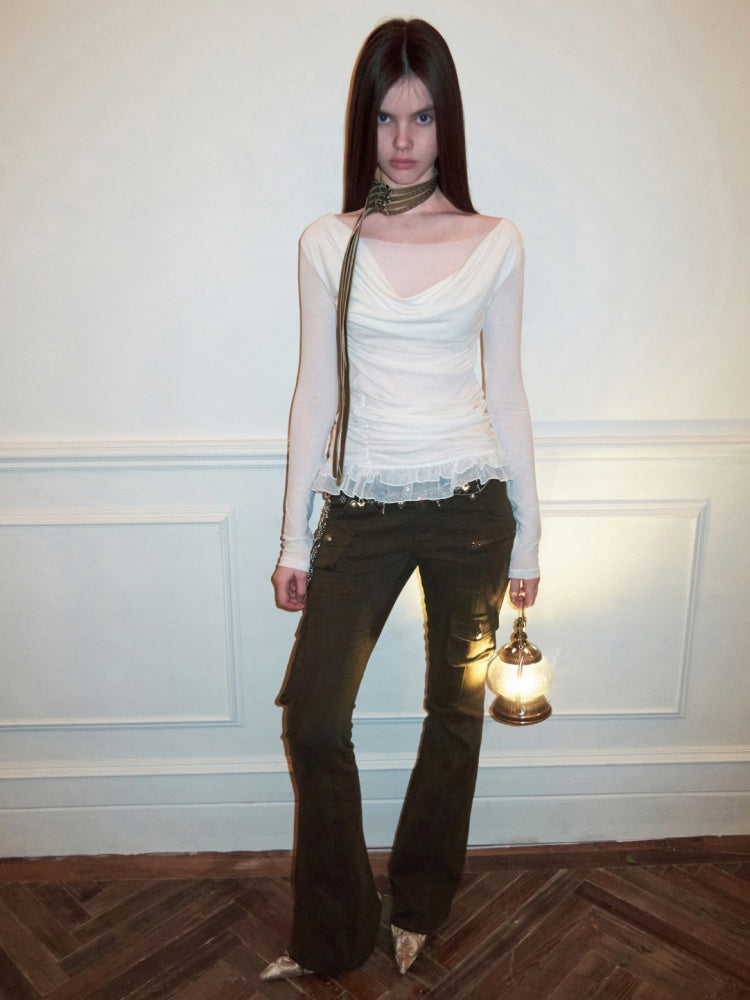 Swing Collar Mesh Double Patchwork Side Pleated Lace Slim Top【s0000015497】