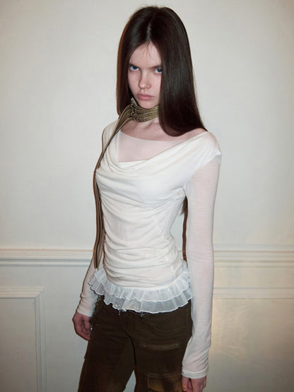 Swing Collar Mesh Double Patchwork Side Pleated Lace Slim Top【s0000015497】