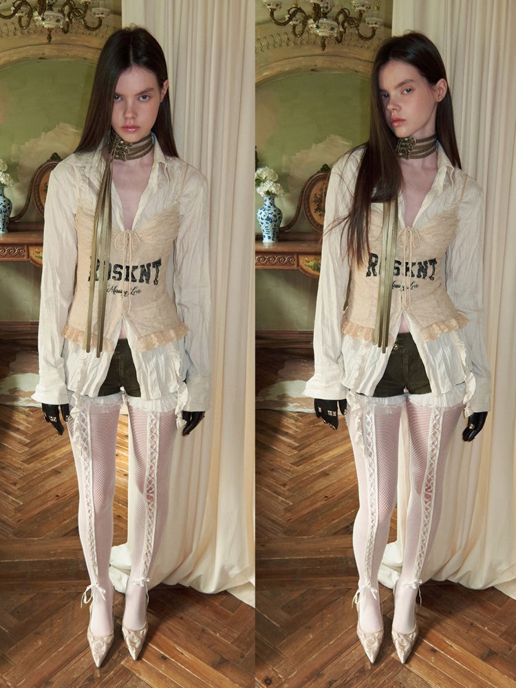 Patchwork Ruffle Pleated Lazy Waist Slim Top Shirt【s0000015498】