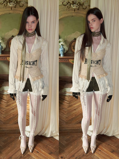 Patchwork Ruffle Pleated Lazy Waist Slim Top Shirt【s0000015498】