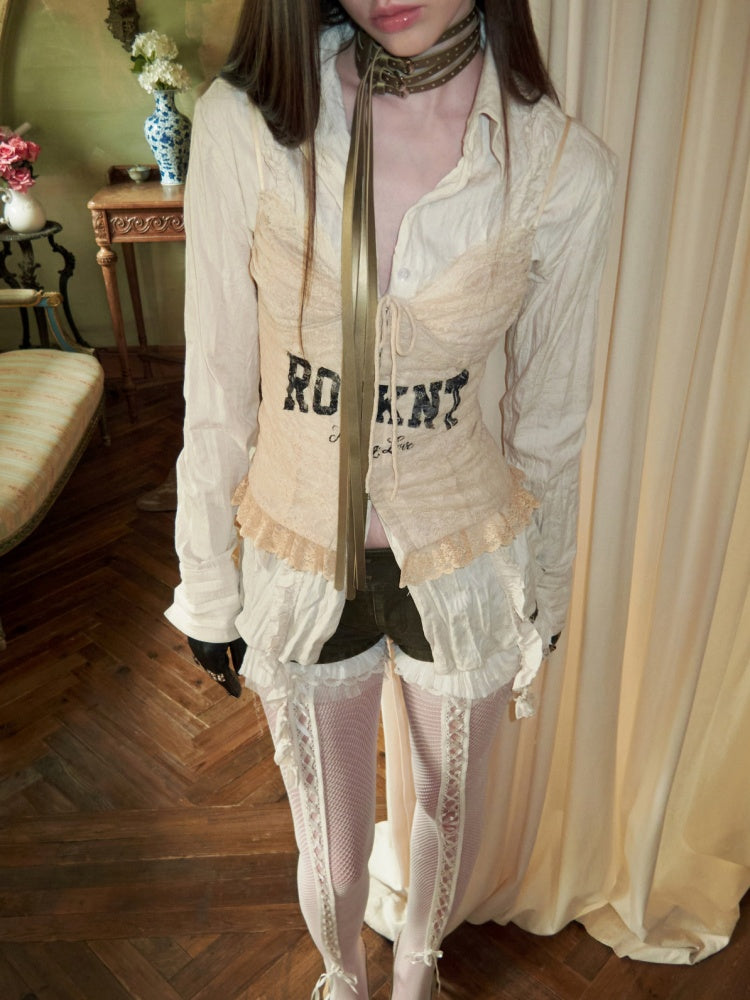 Patchwork Ruffle Pleated Lazy Waist Slim Top Shirt【s0000015498】