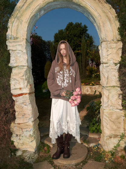 American Pile Sleeve Rose Print Hooded Sweatshirt【s0000015499】