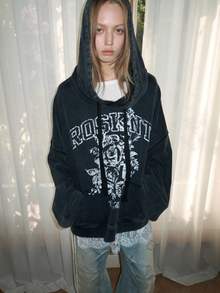 American Pile Sleeve Rose Print Hooded Sweatshirt【s0000015499】