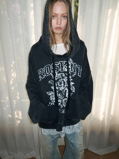 American Pile Sleeve Rose Print Hooded Sweatshirt【s0000015499】