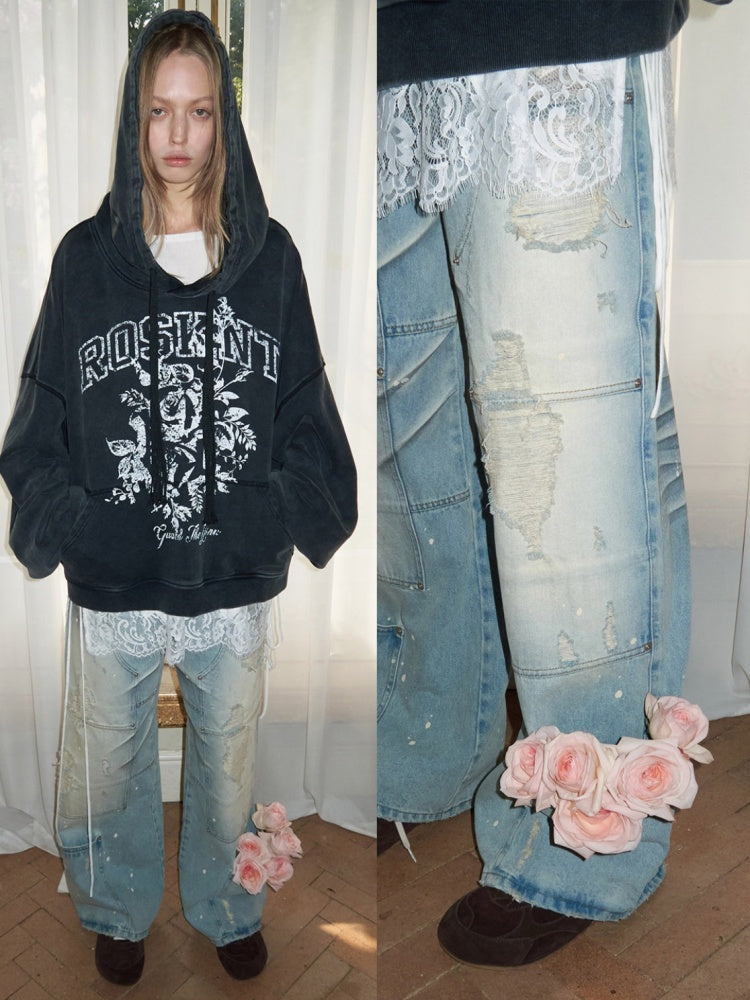 American Pile Sleeve Rose Print Hooded Sweatshirt【s0000015499】