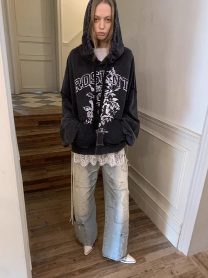 American Pile Sleeve Rose Print Hooded Sweatshirt【s0000015499】