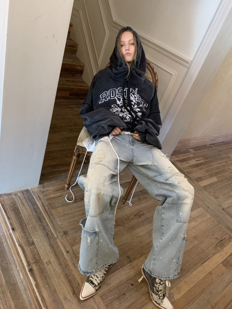 American Pile Sleeve Rose Print Hooded Sweatshirt【s0000015499】