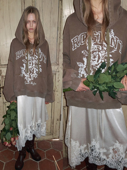 American Pile Sleeve Rose Print Hooded Sweatshirt【s0000015499】