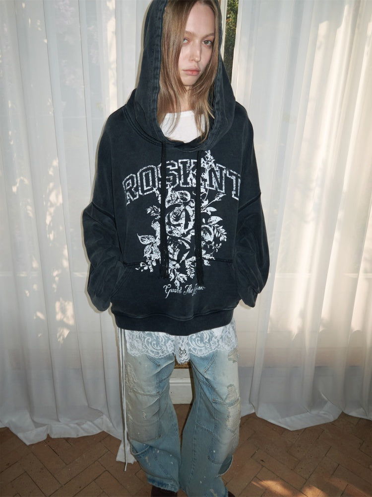 American Pile Sleeve Rose Print Hooded Sweatshirt【s0000015499】