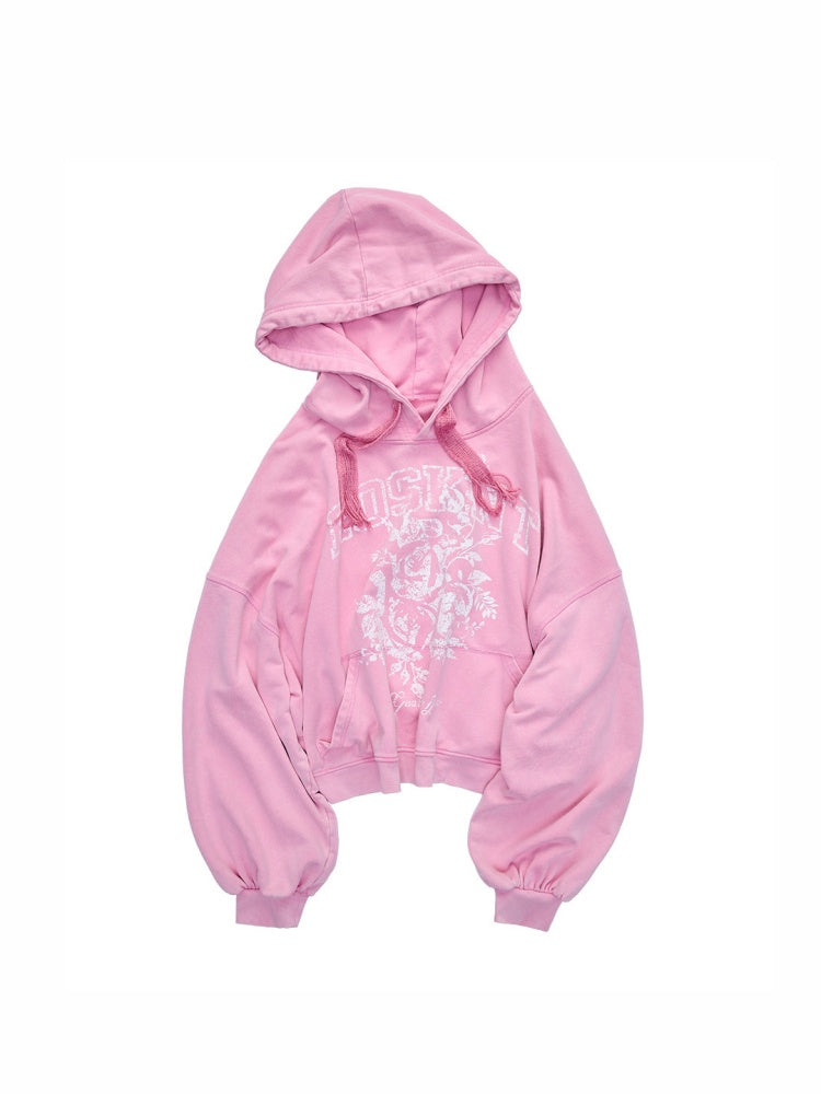 American Pile Sleeve Rose Print Hooded Sweatshirt【s0000015499】