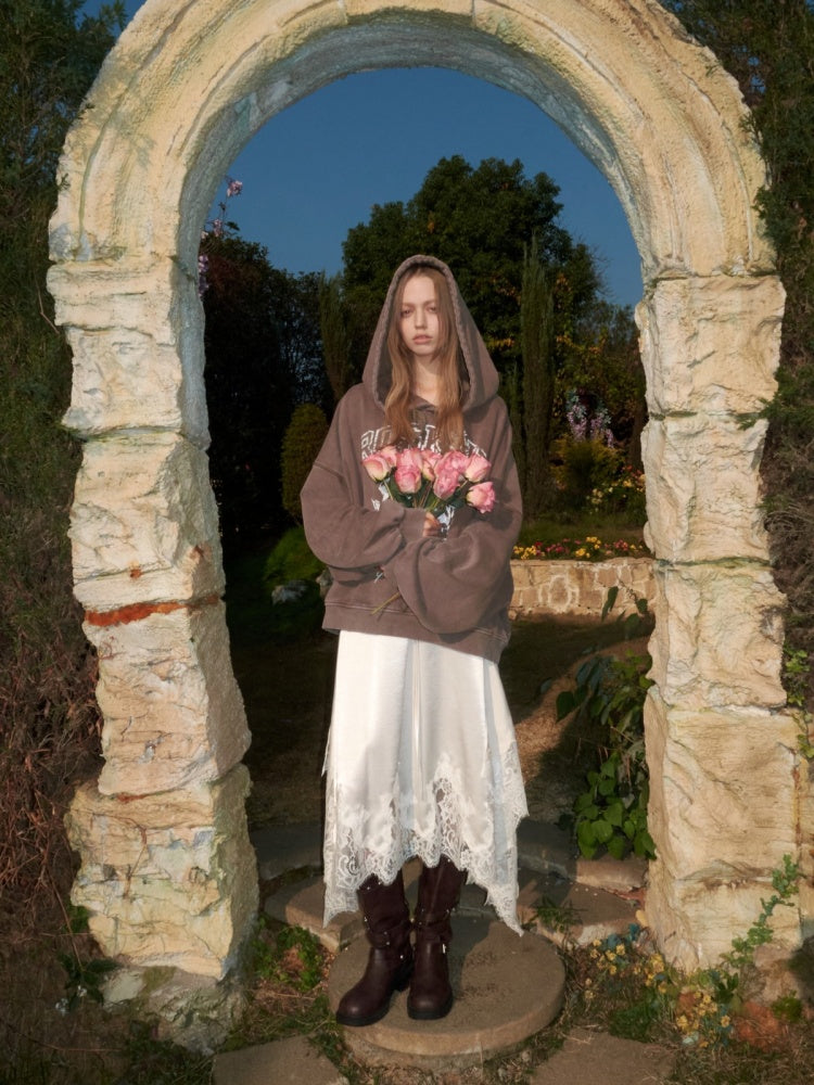 American Pile Sleeve Rose Print Hooded Sweatshirt【s0000015499】