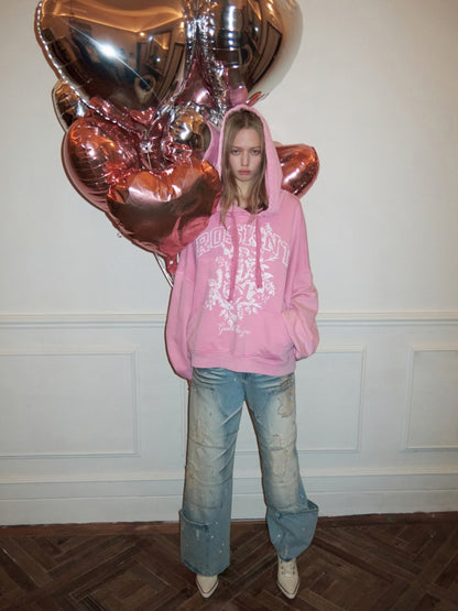 American Pile Sleeve Rose Print Hooded Sweatshirt【s0000015499】