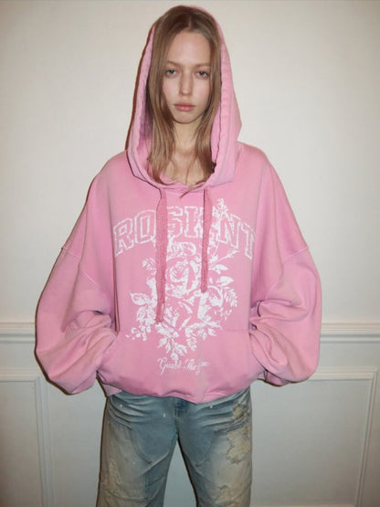 American Pile Sleeve Rose Print Hooded Sweatshirt【s0000015499】
