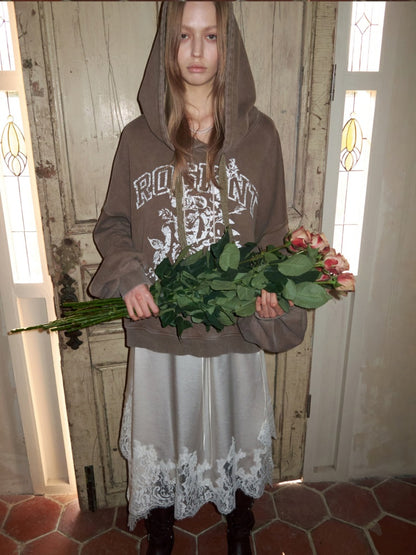 American Pile Sleeve Rose Print Hooded Sweatshirt【s0000015499】
