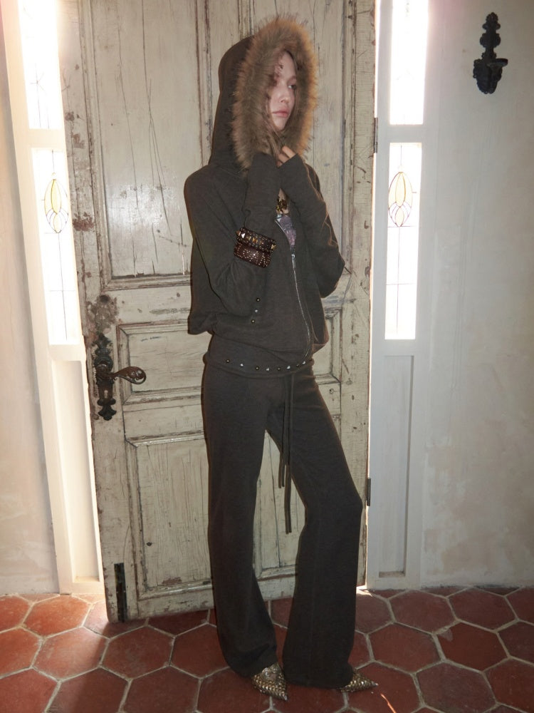 Rivet Fur Collar Bat Sleeve Hooded Sweatshirt Drawstring Bootcut Casual Pants Set【s0000015500】