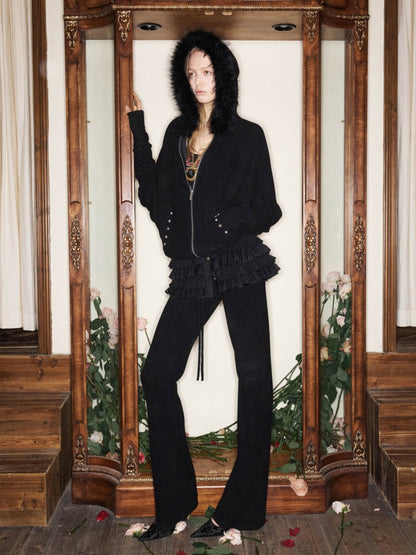 Rivet Fur Collar Bat Sleeve Hooded Sweatshirt Drawstring Bootcut Casual Pants Set【s0000015500】