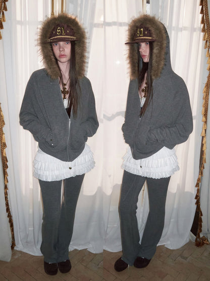 Rivet Fur Collar Bat Sleeve Hooded Sweatshirt Drawstring Bootcut Casual Pants Set【s0000015500】