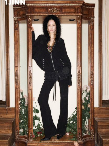 Rivet Fur Collar Bat Sleeve Hooded Sweatshirt Drawstring Bootcut Casual Pants Set【s0000015500】