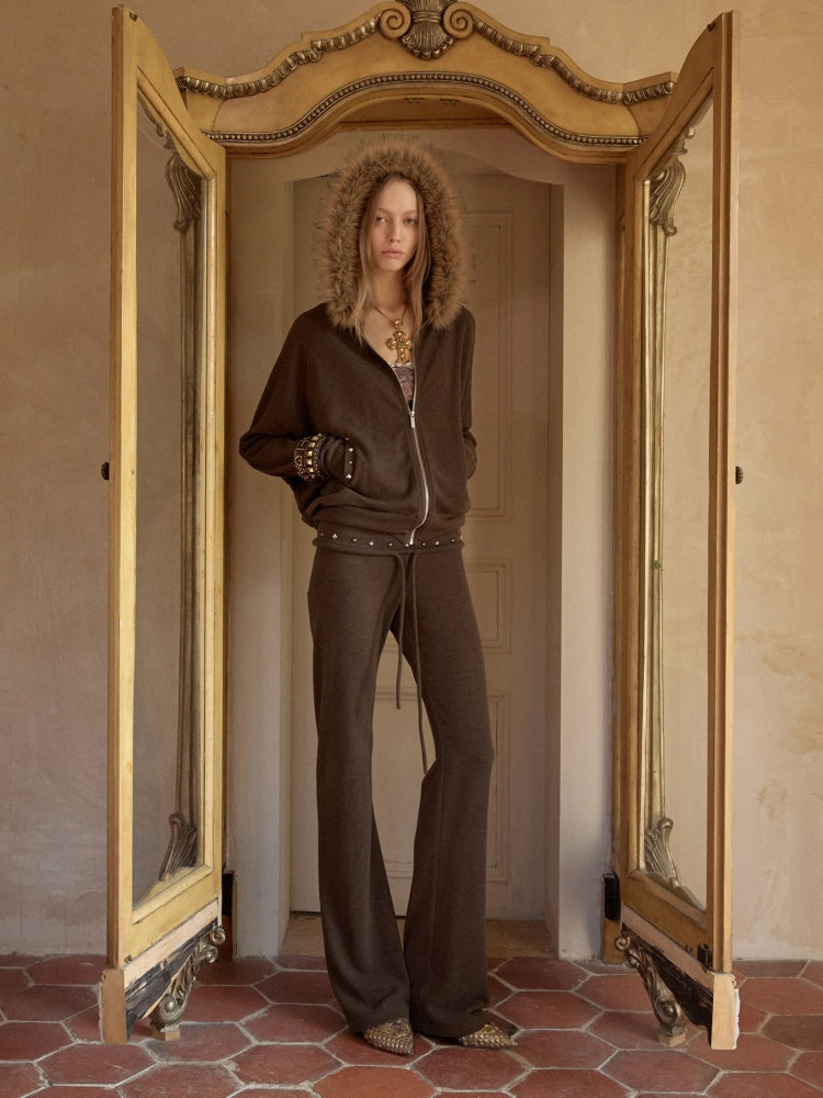 Rivet Fur Collar Bat Sleeve Hooded Sweatshirt Drawstring Bootcut Casual Pants Set【s0000015500】