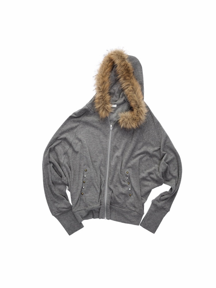 Rivet Fur Collar Bat Sleeve Hooded Sweatshirt Drawstring Bootcut Casual Pants Set【s0000015500】