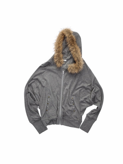 Rivet Fur Collar Bat Sleeve Hooded Sweatshirt Drawstring Bootcut Casual Pants Set【s0000015500】
