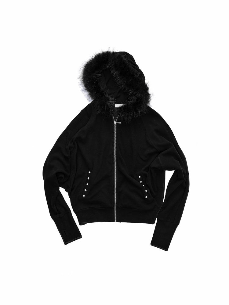 Rivet Fur Collar Bat Sleeve Hooded Sweatshirt Drawstring Bootcut Casual Pants Set【s0000015500】